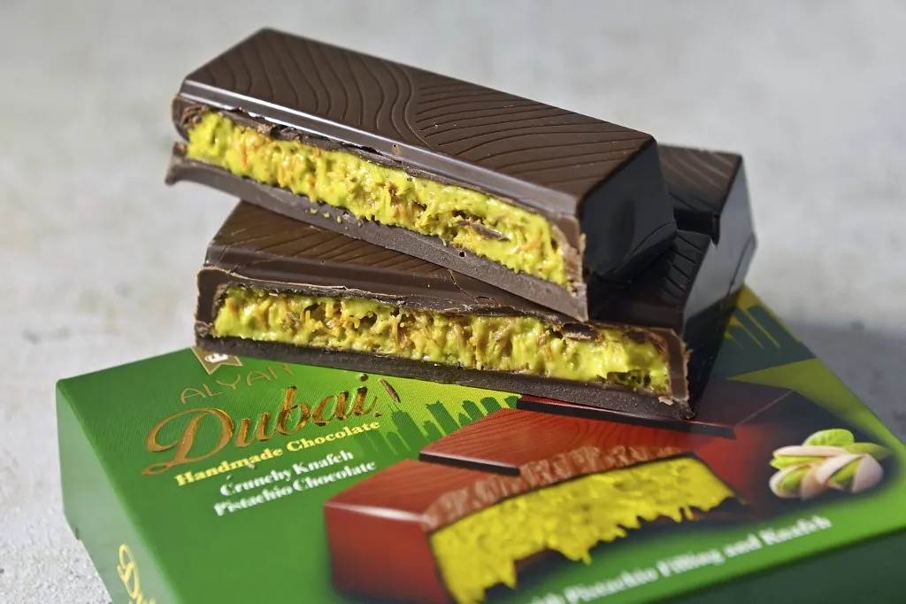 Hype about Dubai chocolate - soon available at discount stores. Dubai chocolate: It is sweet and tastes like pistachios. (Photo by Frank Hoermann / SVEN SIMON / SVEN SIMON / dpa Picture-Alliance via AFP)