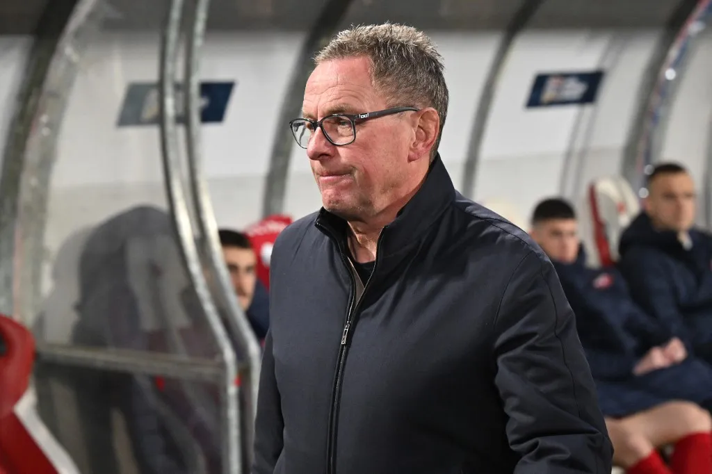 Austria's coach Ralf Rangnick before the start of the UEFA Nations League play-off, second-leg football match between Serbia and Austria at the Rajko Mitic stadium in Belgrade on March 23, 2025. (Photo by Andrej ISAKOVIC / AFP)