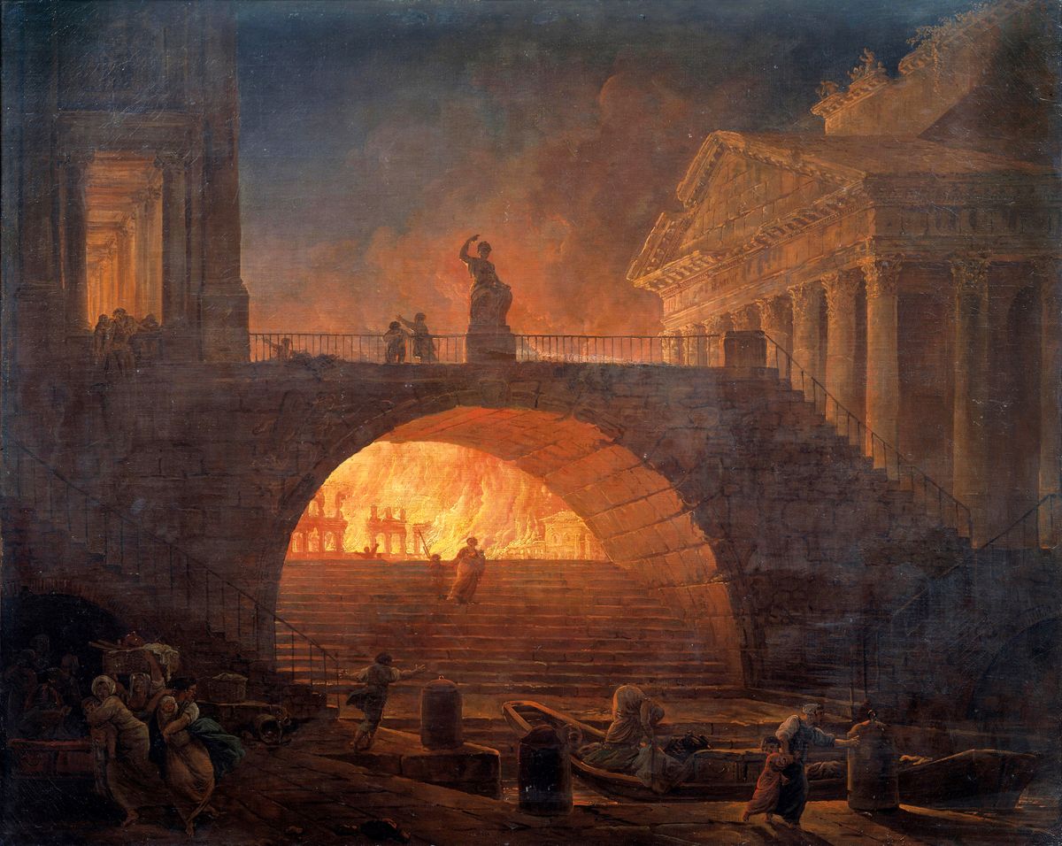 Robert, Hubert (1733-1808): L'incendie de Rome (le 18 juillet 64) (The Fire of Rome, 18 July 64). Entre le 18 et le 24 juillet, la ville de Rome est devastee par un vaste incendie qui aurait ete cause par l'empereur Neron. Pour detourner les soupcons, ce dernier accuse et persecute les chretiens. 18eme siecle.. Le Havre, Musee des Beaux-Arts*** Permission for usage must be provided in writing from Scala.