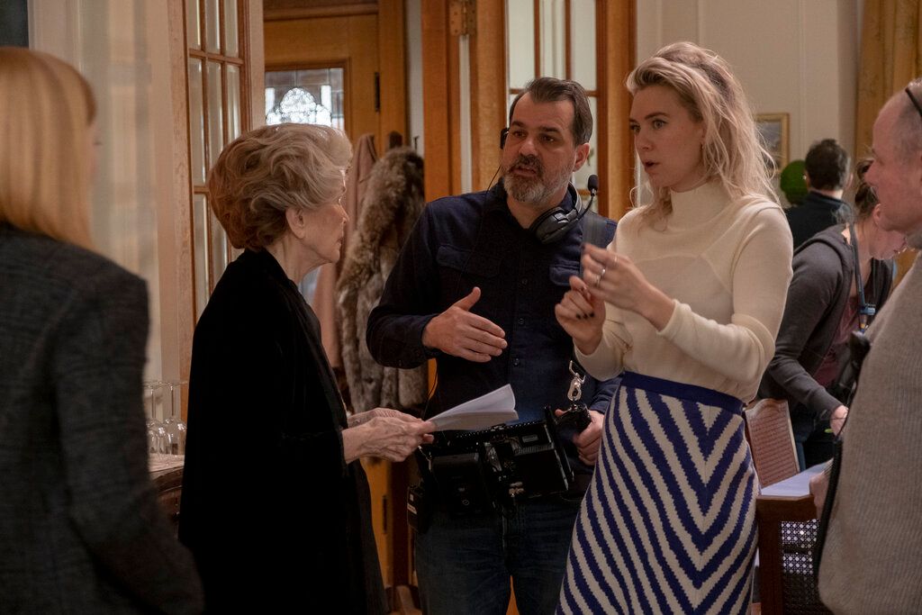 Mundruczó Kornél RELEASE DATE: January 7, 2021 TITLE: Pieces of A Woman STUDIO: Netflix DIRECTOR: Kornel Mundruczo PLOT: When a young mother's home birth ends in unfathomable tragedy, she begins a year-long odyssey of mourning that fractures relationships with loved ones in this deeply personal story of a woman learning to live alongside her loss. STARRING: ELLEN BURSTYN as Elizabeth, Director KORNEL MUNDRUCZO, VANESSA KIRBY as Martha on set.