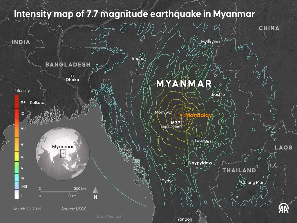 ANKARA, TURKIYE - MARCH 28: An infographic titled "Intensity map of 7.7 magnitude earthquake in Myanmar" created in Ankara, Turkiye on March 28, 2025. Murat Usubali / Anadolu (Photo by Murat Usubali / ANADOLU / Anadolu via AFP)