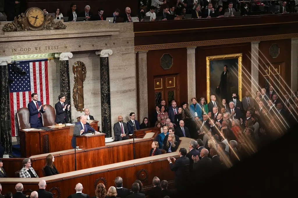 Donald Trump amerikai elnök beszédet mond a kongresszus együttes ülésén a washingtoni Capitoliumban, 2025. március 4-én. (Fotó: Andrew Harnik/Getty Images/AFP)