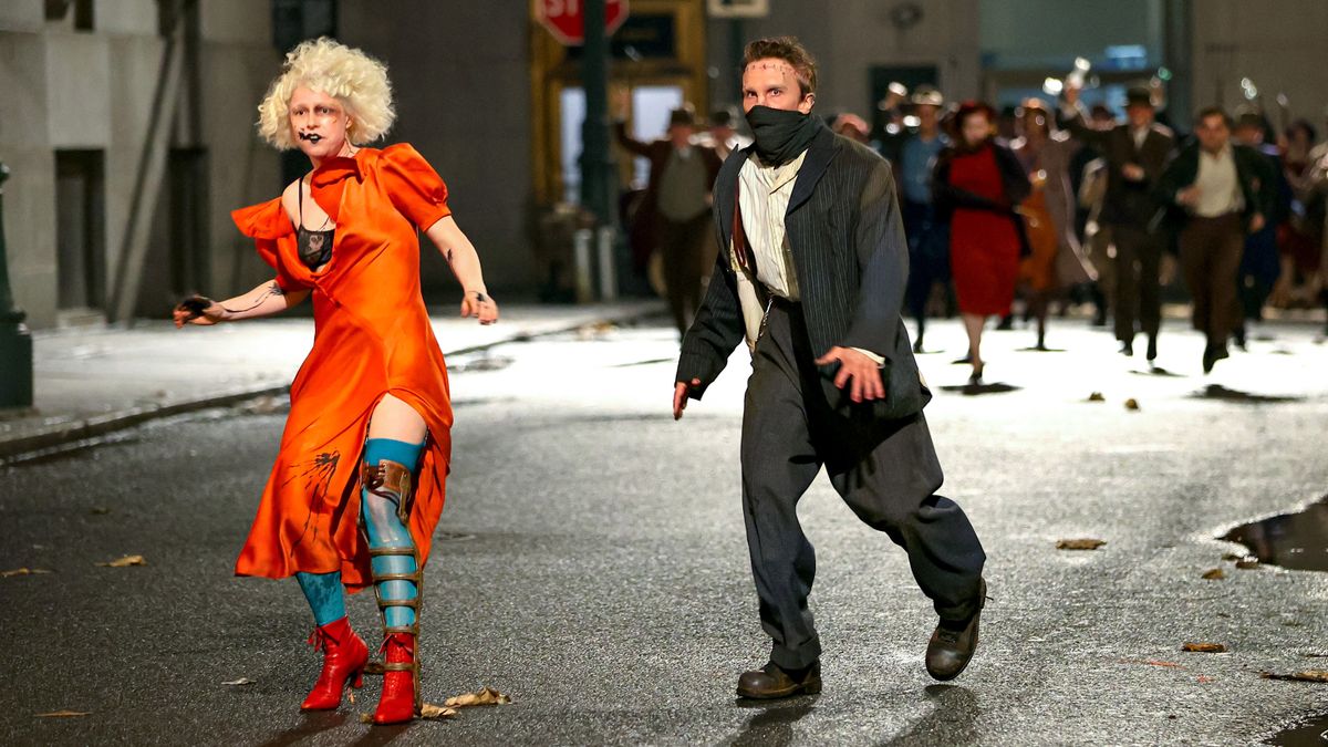 Warner Brothers, The Bride Christian Bale, NEW YORK, NY - APRIL 29: Jessie Buckley and Christian Bale are seen at the movie set of 'The Bride' on April 29, 2024 in New York City.  (Photo by Jose Perez/Bauer-Griffin/GC Images)