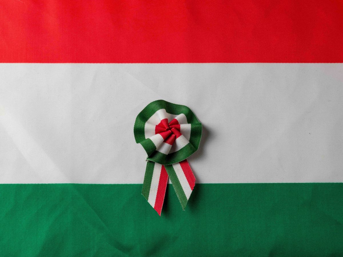 Budapest, Hungary - 02.13.2025 - Hungarian tricolor cockade on a flag