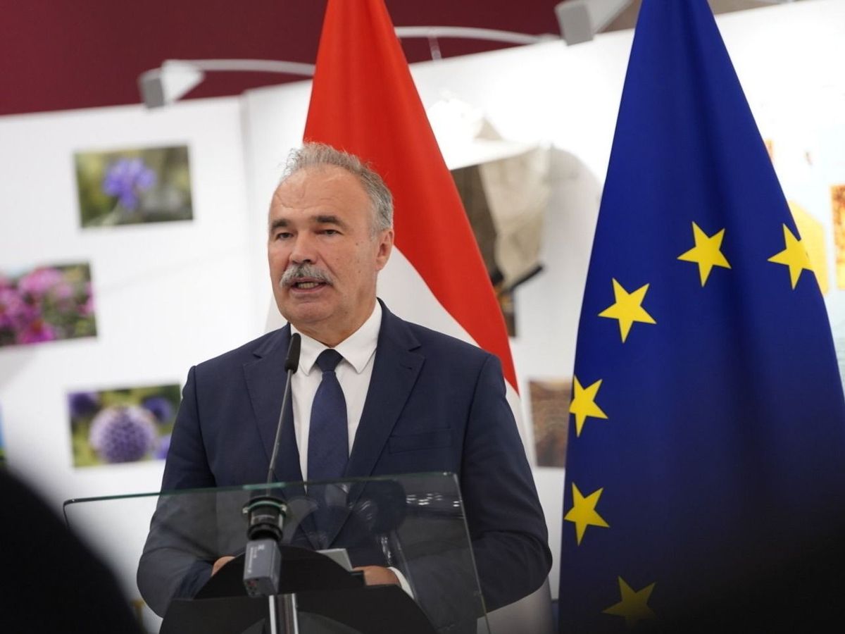Nagy István agrárminiszter beszédet mond a magyar méhészeti tevékenység bemutatóján Strasbourgban, 2023. október 16-án (Fotó: MTI)