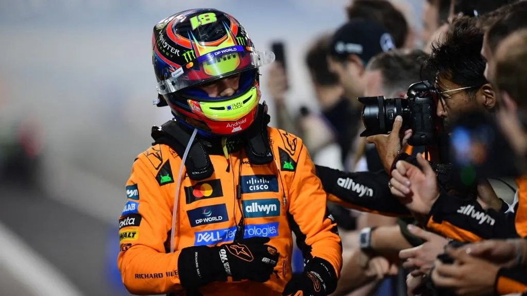 Oscar Piastri of the McLaren F1 Team celebrates on the podium during the race of the Bahrain GP, the 4th round of the Formula 1 World Championship at the Bahrain International Circuit in Sakhir, Bahrain, on April 13, 2025. (Photo by Andrea Diodato/NurPhoto) (Photo by Andrea Diodato / NurPhoto / NurPhoto via AFP)