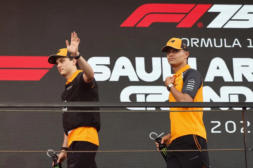 Oscar Piastri and Lando Norris of McLaren at drivers parade ahead of the Formula 1 Saudi Arabian Grand Prix at Jeddah Corniche Circuit in Jeddah, Saudi Arabia on April 20, 2025 (Photo by Jakub Porzycki/NurPhoto) (Photo by Jakub Porzycki / NurPhoto / NurPhoto via AFP)