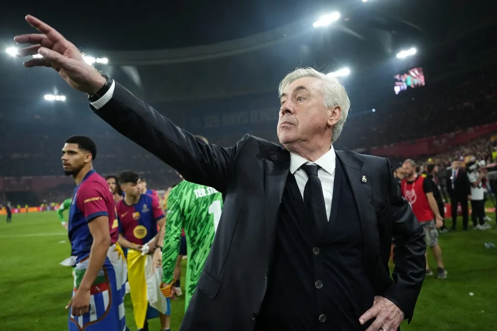 Carlo Ancelotti head coach of Real Madrid  after the Copa del Rey Final match between FC Barcelona and Real Madrid at Estadio de La Cartuja on April 26, 2025 in Seville, Spain. (Photo by Jose Breton/Pics Action/NurPhoto) (Photo by Jose Breton / NurPhoto / NurPhoto via AFP)
