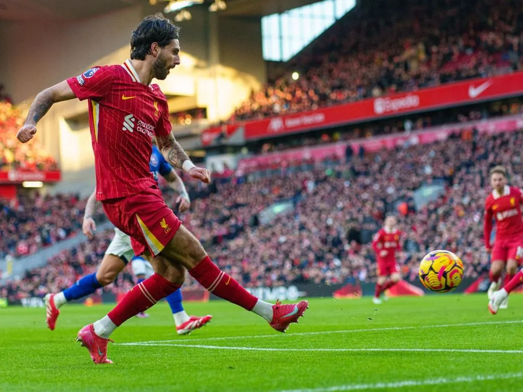 Liverpool's Dominik Szoboszlai is in action during the Premier League match between Liverpool and Ipswich Town at Anfield in Liverpool, England, on January 25, 2025. (Photo by MI News/NurPhoto) (Photo by MI News / NurPhoto / NurPhoto via AFP)