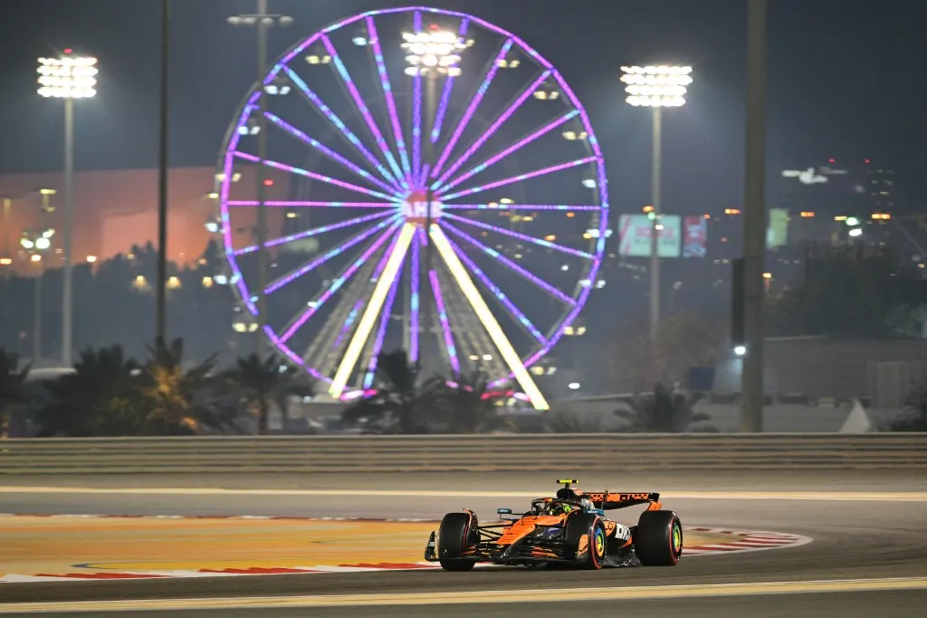 McLaren's British driver Lando Norris drives during the second practice session ahead of the Bahrain Formula One Grand Prix at the Bahrain International Circuit in Sakhir on April 11, 2025. (Photo by Andrej ISAKOVIC / AFP)