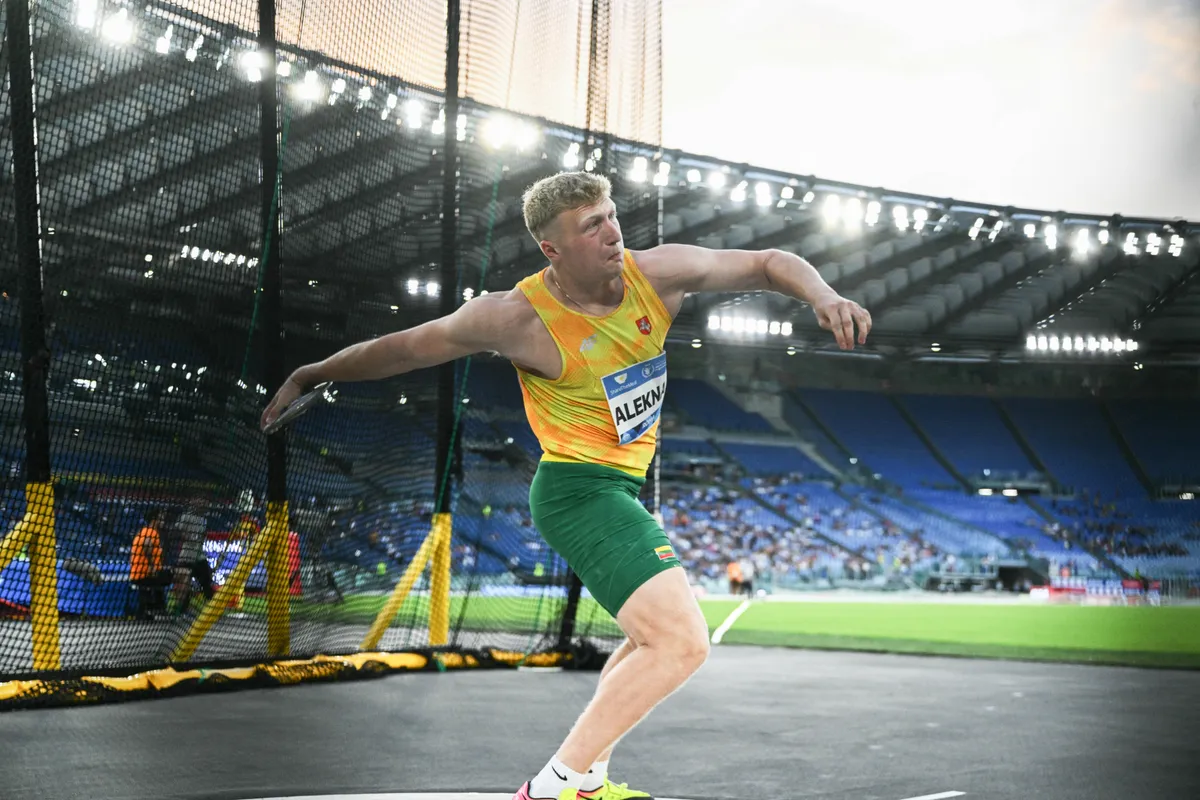 Lithuania's Mykolas Alekna competes in the men's discus throw event of the Diamond League athletics meeting at the Olympic stadium in Rome on August 30, 2024. (Photo by Tiziana FABI / AFP)