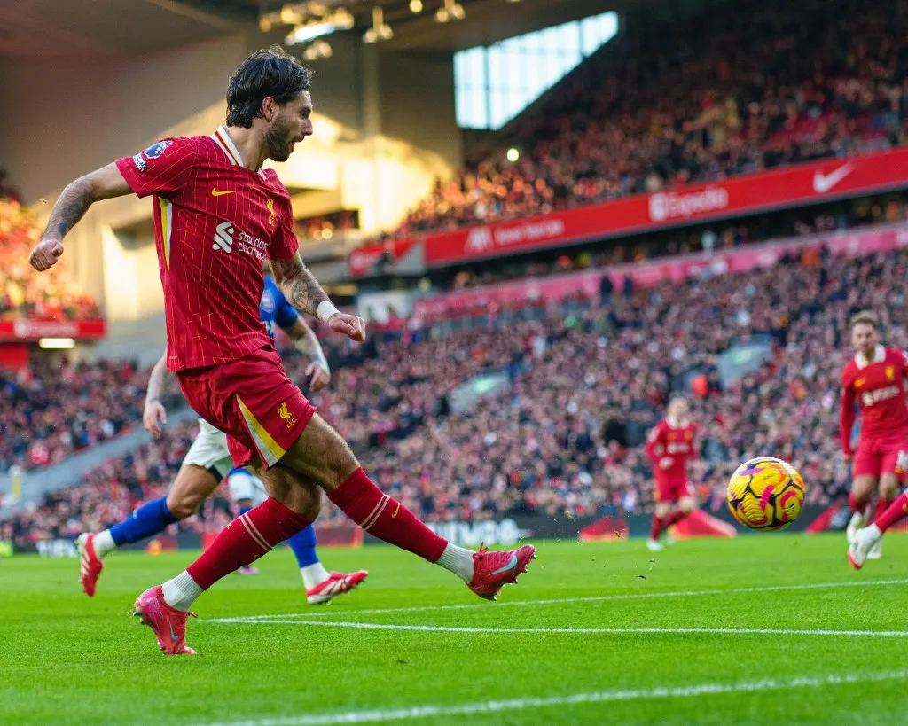 Liverpool's Dominik Szoboszlai is in action during the Premier League match between Liverpool and Ipswich Town at Anfield in Liverpool, England, on January 25, 2025. (Photo by MI News/NurPhoto) (Photo by MI News / NurPhoto / NurPhoto via AFP)