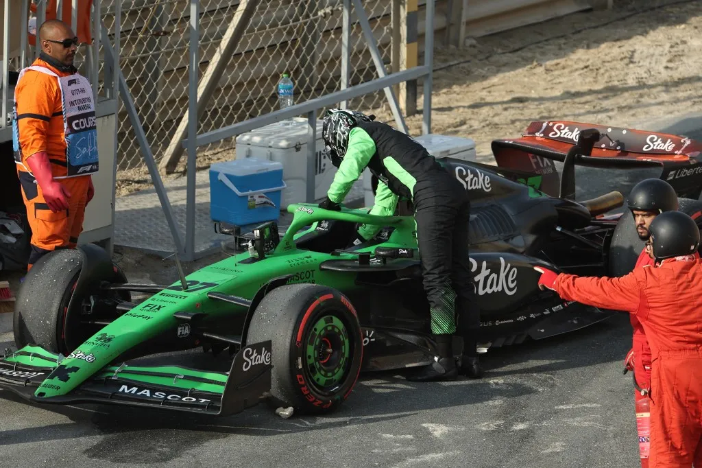 Kick Sauber's German driver Nico Hulkenberg exits his car during the third practice session ahead of the Bahrain Formula One Grand Prix at the Bahrain International Circuit in Sakhir on April 12, 2025. (Photo by Fadel SENNA / AFP)