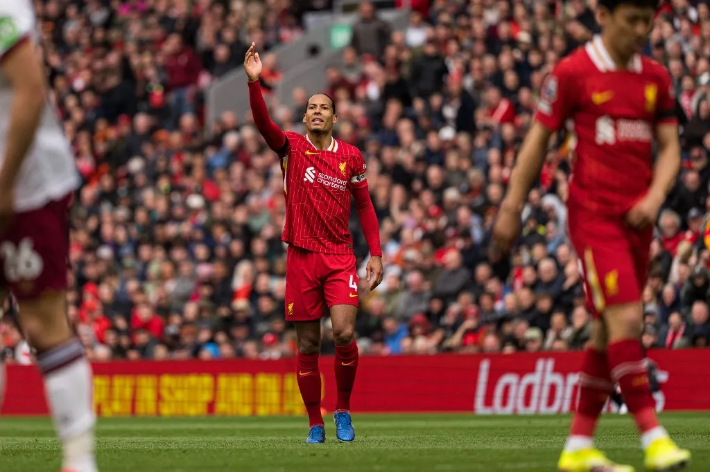 Liverpool's Virgil van Dijk is seen during the Premier League match between Liverpool and West Ham United at Anfield in Liverpool, on April 13, 2025. (Photo by Steven Halliwell | MI News/NurPhoto) (Photo by MI News / NurPhoto / NurPhoto via AFP)