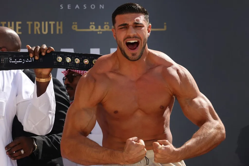 Boxer Tommy Fury is pictured during a weigh-in event, a day before of his match against Jake Paul (not pictured) in Riyadh, on February 25, 2023. (Photo by Fayez Nureldine / AFP)