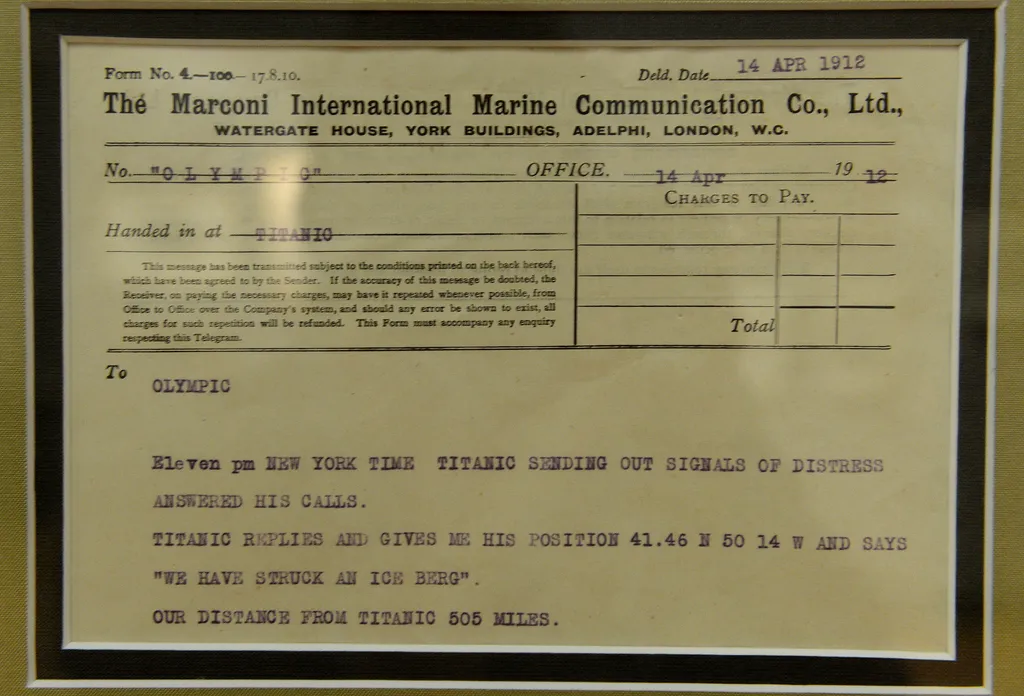 A Marconi message (radio message) from the Titanic to the Olympic ship is on display at Bonhams auction house in New York, April 12, 2012.  Bonhams is scheduled to hold on April 15, 2012 an auction called "R.M.S. Titanic: 100 years of fact and fiction", f
