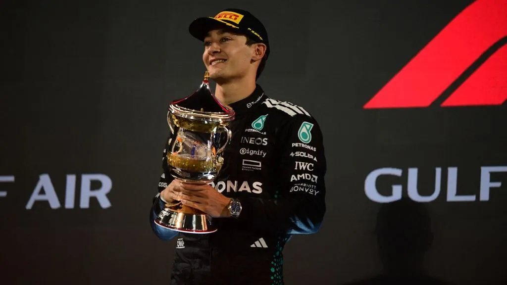 F1m George Russell of Mercedes-AMG Petronas celebrates on the podium during the race of the Bahrain GP, the 4th round of the Formula 1 World Championship, at the Bahrain International Circuit in Sakhir, Bahrain, on April 13, 2025. (Photo by Andrea Diodato/NurPhoto) (Photo by Andrea Diodato / NurPhoto / NurPhoto via AFP)