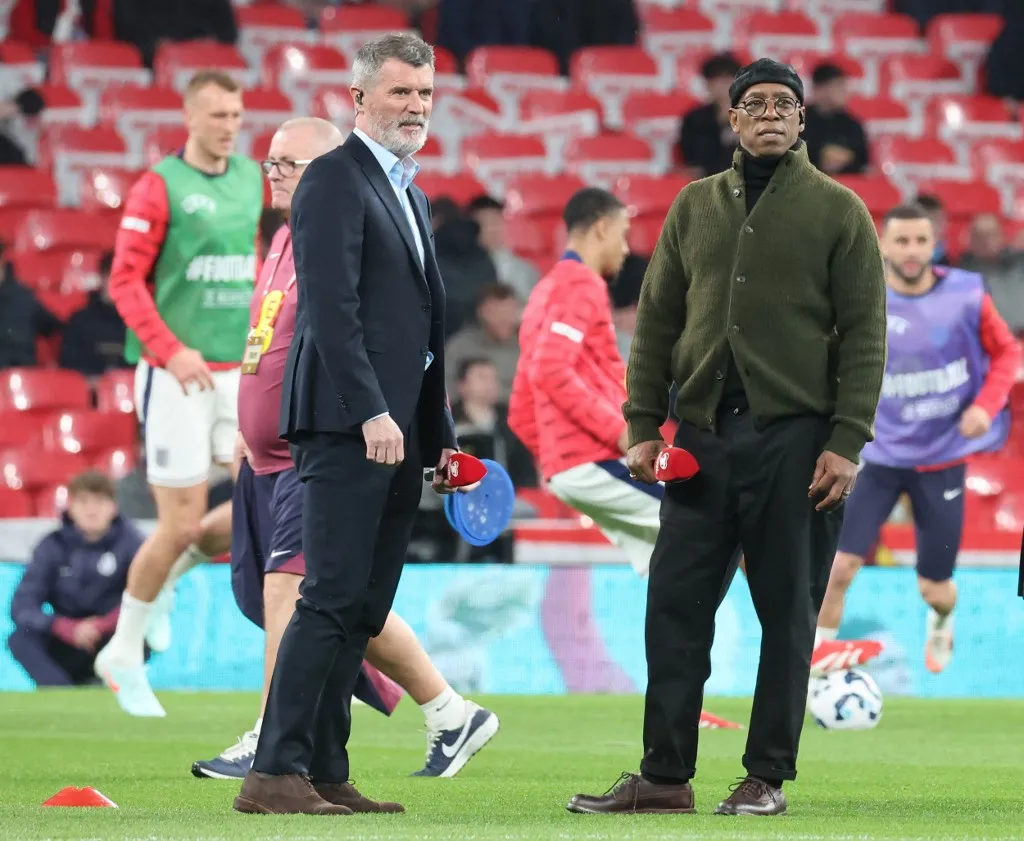 From left to right, Roy Keane, a TV pundit, is with Ian Wright, a TV pundit, during the UEFA World Cup Qualifiers Group K match between England and Albania at Wembley Stadium in London, England, on March 21, 2025. (Photo by Action Foto Sport/NurPhoto) (Photo by Action Foto Sport / NurPhoto / NurPhoto via AFP)