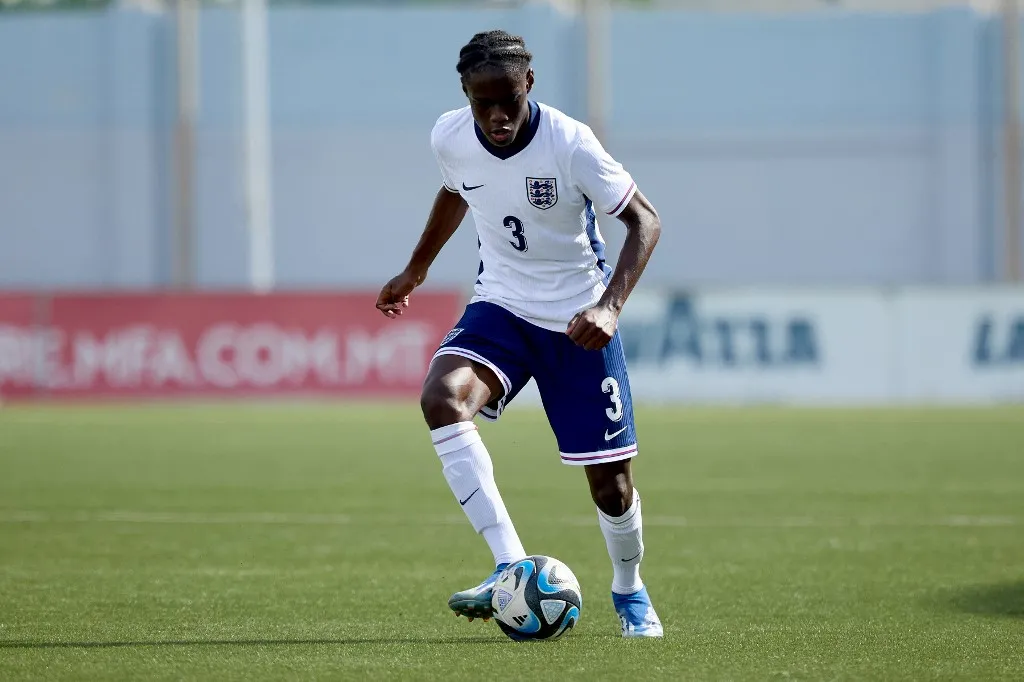 Bendito Mantato of England is in action during the UEFA European Under-17 Championship 2025 Group 1 qualifying soccer match between England and Malta at the Centenary Stadium in Ta' Qali, Malta, on October 24, 2024. (Photo by Domenic Aquilina/NurPhoto) (Photo by Domenic Aquilina / NurPhoto / NurPhoto via AFP)