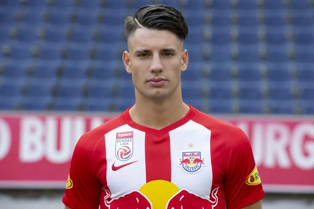 SALZBURG, AUSTRIA - JULY 17: Dominik Szoboszlai of Salzburg poses during the RB Salzburg team presentation at Red Bull Arena on July 17, 2019 in Salzburg, Austria.190717_SEPA_52_005 - 20190717_PD12522 (Photo by David Geieregger / APA-PictureDesk / APA-PictureDesk via AFP)