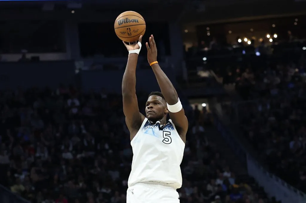 MILWAUKEE, WISCONSIN - APRIL 08: Anthony Edwards #5 of the Minnesota Timberwolves takes a three point shot during a game against the Milwaukee Bucks at Fiserv Forum on April 08, 2025 in Milwaukee, Wisconsin. NOTE TO USER: User expressly acknowledges and agrees that, by downloading and or using this photograph, User is consenting to the terms and conditions of the Getty Images License Agreement.   Stacy Revere/Getty Images/AFP (Photo by Stacy Revere / GETTY IMAGES NORTH AMERICA / Getty Images via AFP)