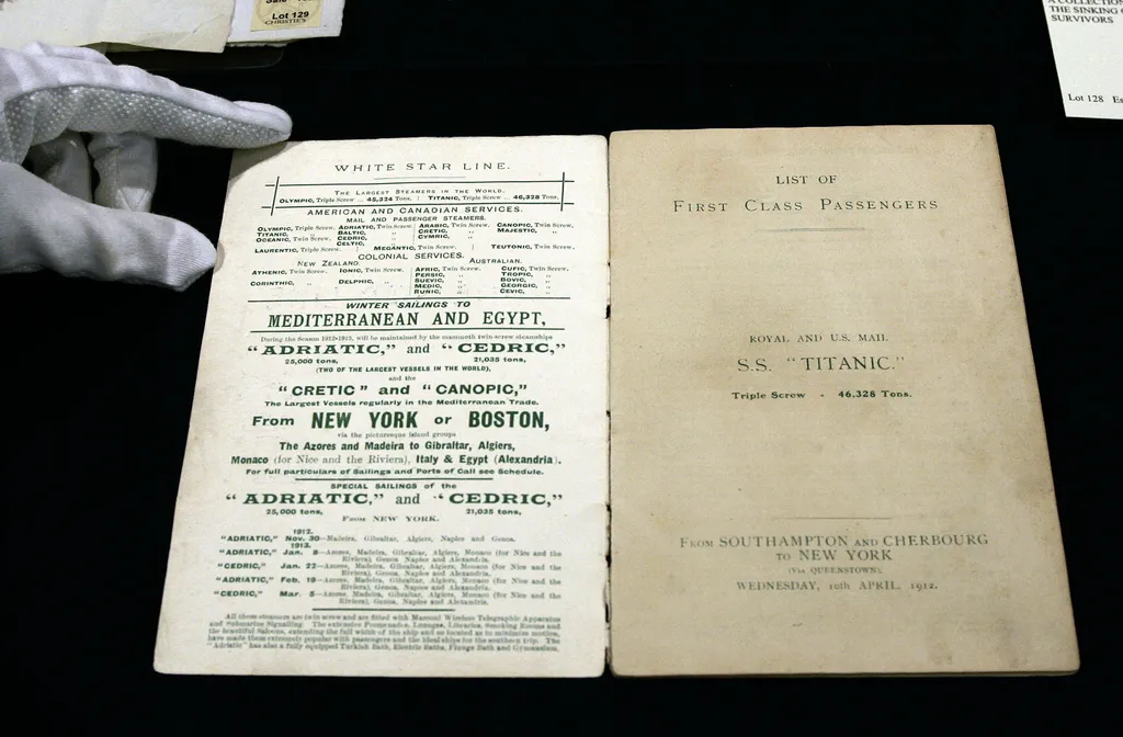 A list of first class passengers for the RMS Titanic is displayed during a press preview 22 June 2007 for the Christie's New York Ocean Liner sale that will take place 28 June. Eighteen of the items for sale are related to the ill-fated ship RMS Titanic. 