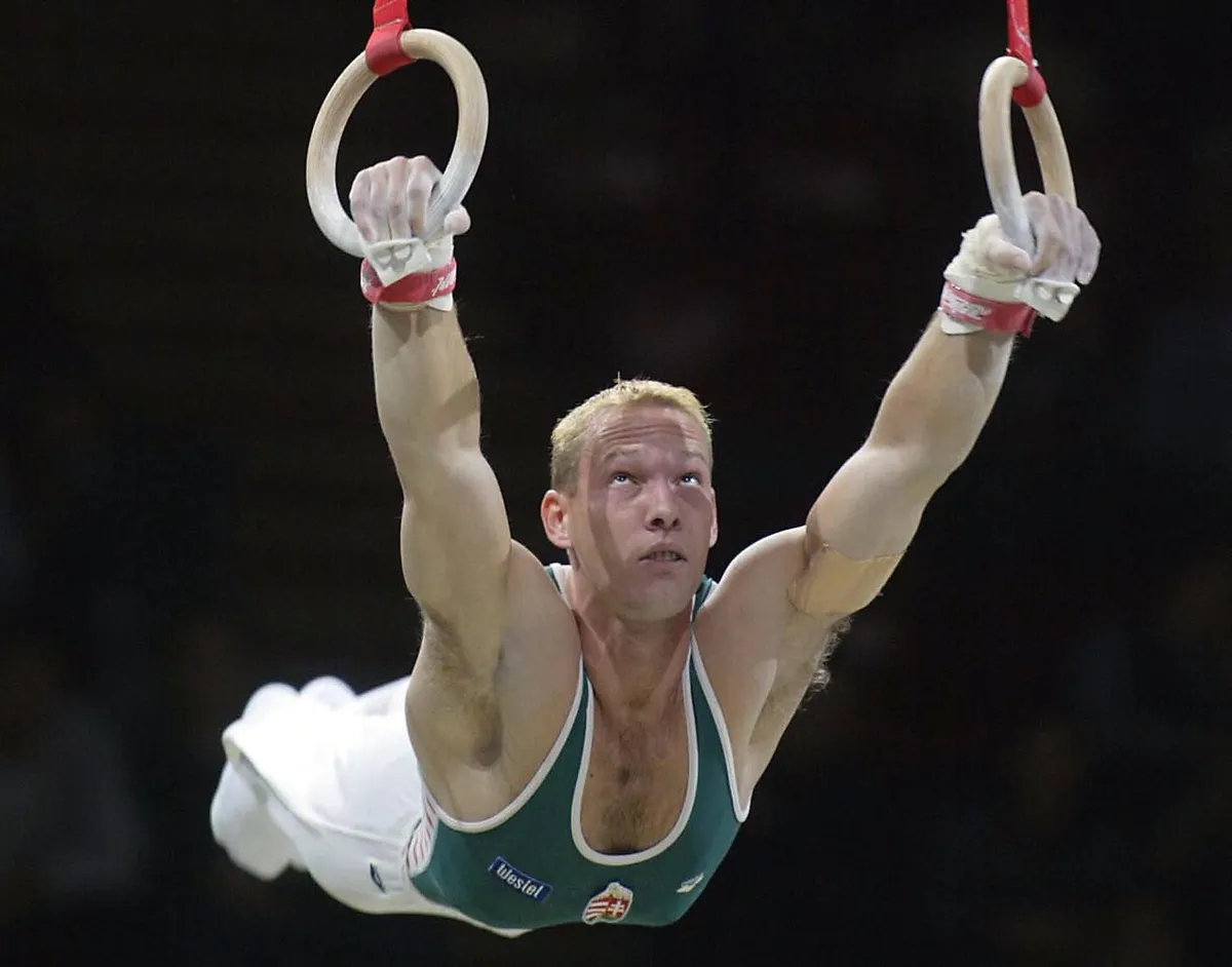 le Hongrois Szilveszter Csollany effectue sa prestation aux anneaux, lors du concours de qualification des XIes Internationaux de France de gymnastique, auxquels participent 118 gymnastes et 36 pays, le 19 octobre 2002 au palais omnisports de Paris-Bercy.  AFP PHOTO DAMIEN MEYER / AFP PHOTO / DAMIEN MEYER