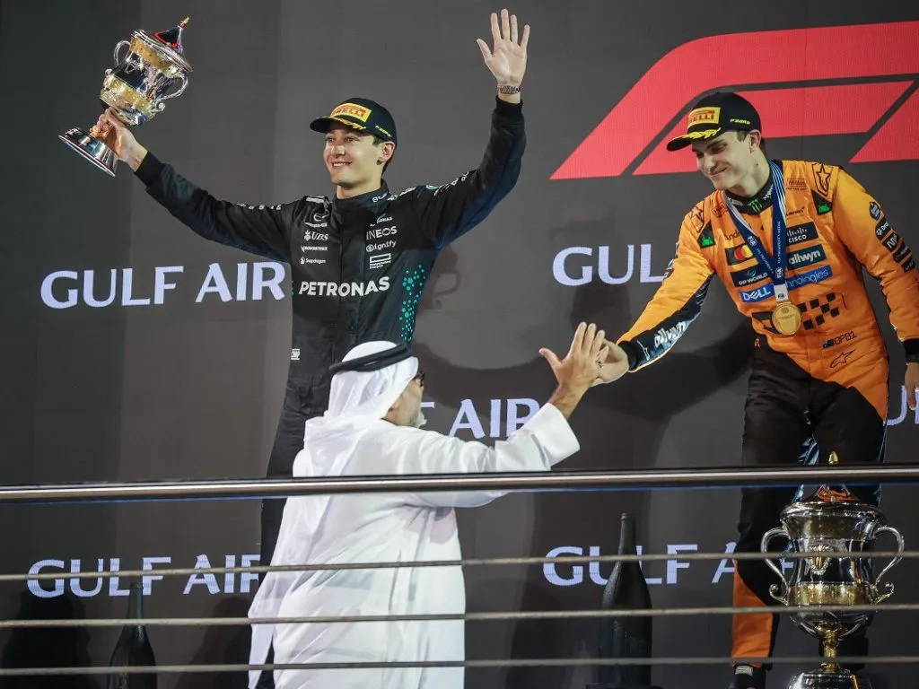 SAKHIR, BAHRAIN - APRIL 13: George Russell (L) of Mercedes and Lando Norris (R) of McLaren line up after competing the F1 Grand Prix of Bahrain at Bahrain International Circuit on April 13, 2025 in Sakhir, Bahrain. Ayman Yaqoob / Anadolu (Photo by Ayman Yaqoob / ANADOLU / Anadolu via AFP)