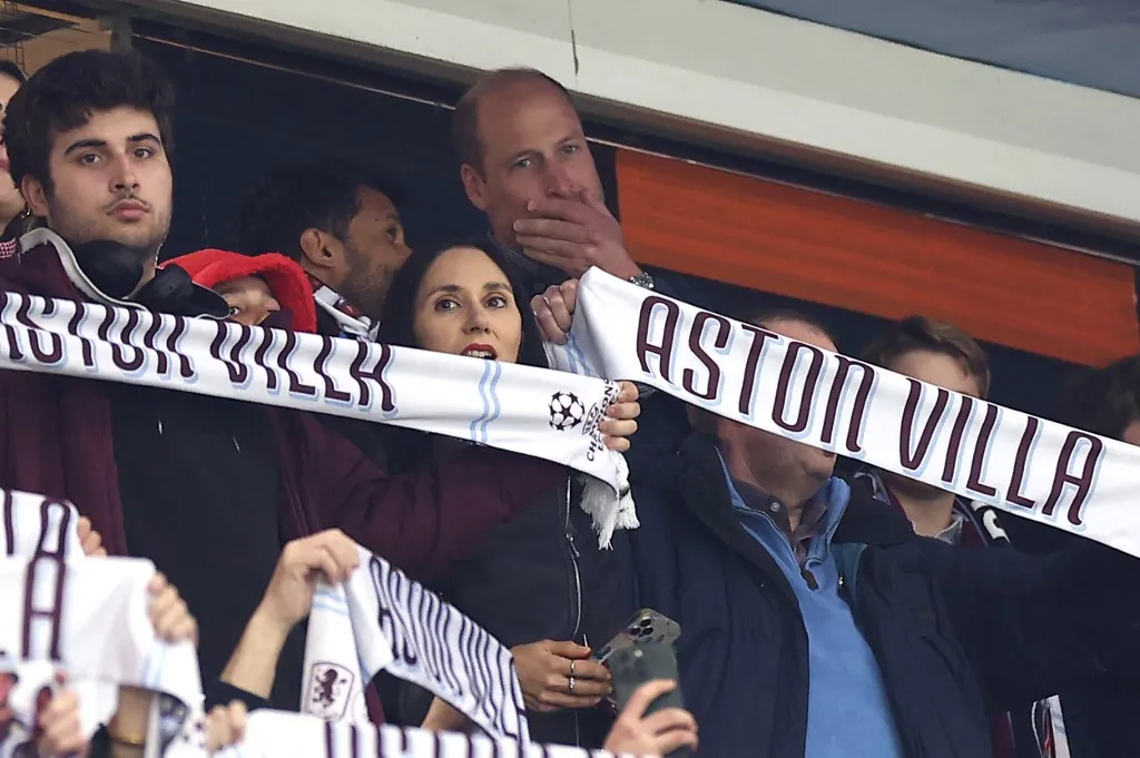 Britain's Prince William, Prince of Wales reacts  during the UEFA Champions League quarter-final second-leg football match between Aston Villa and Paris Saint-Germain at Villa Park in Birmingham, central England on April 15, 2025. (Photo by FRANCK FIFE / AFP)
