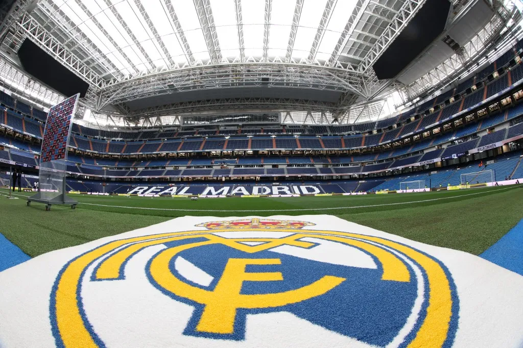 Picture shows a general view of the Santiago Bernabeu stadium with its operable roof closed due to the rainy weather ahead of the Spanish Liga football match between Real Madrid CF and Getafe CF in Madrid on September 2, 2023. (Photo by Thomas COEX / AFP)