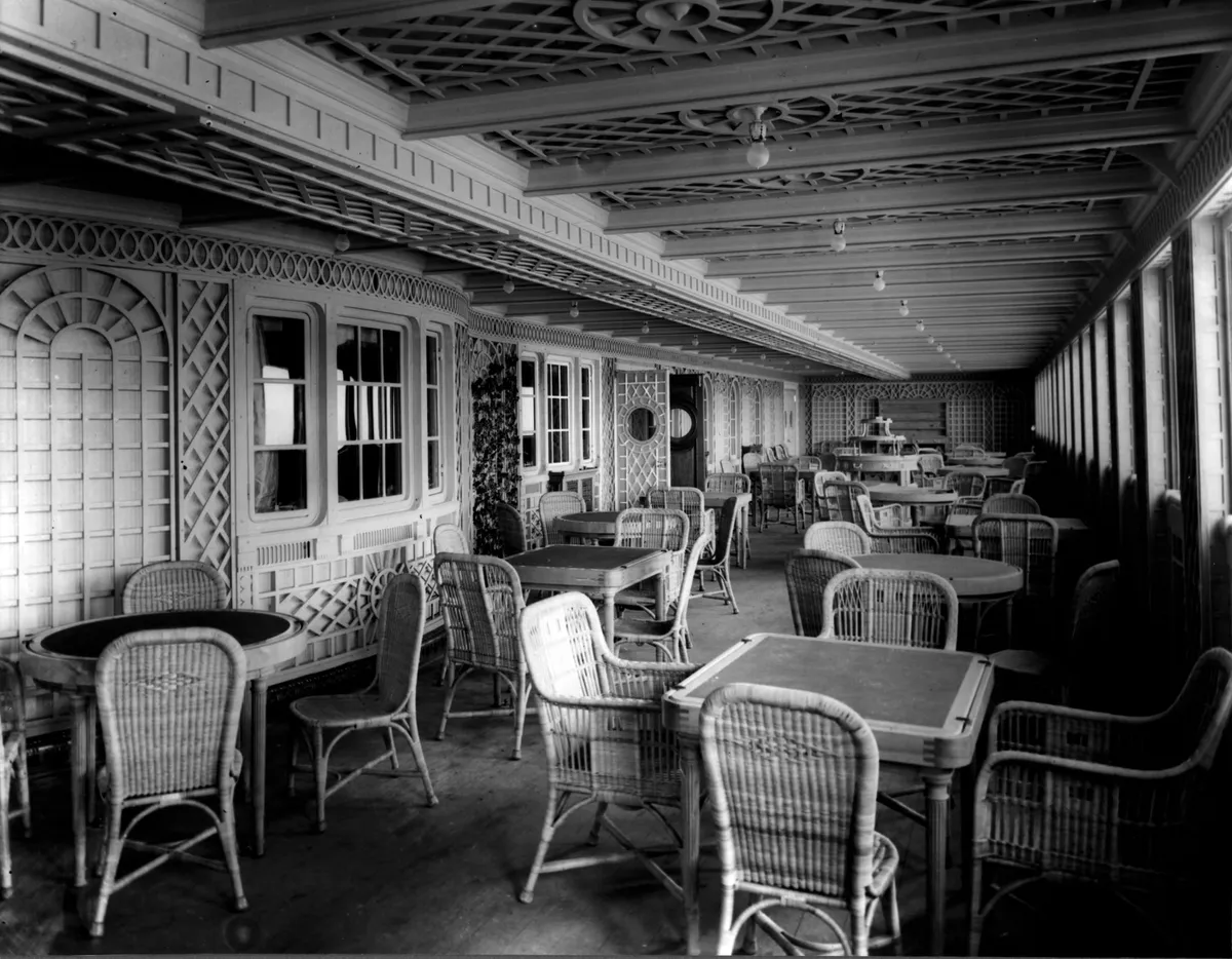 First class outer veranda on the Titanic ship which sank in 1912 (Photo by Ann Ronan Picture Library / Photo12 via AFP)
