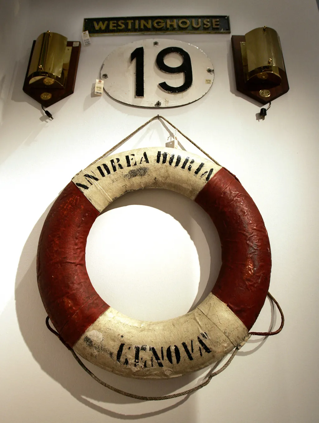 A life ring from the  S.S. Andrea Doria is on display during a press preview 22 June 2007 for the Chrisitie's New York Ocean Liner sale that will take place 28 June. Eighteen of the items for sale are related to the ill-fated ship R.M.S. Titanic.  AFP PHO
