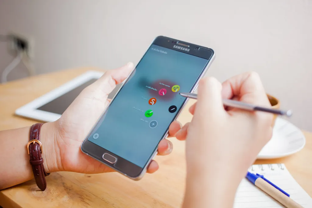Bangkok, Thailand - August 6,2016: New Smartphone Samsung Galaxy Note 5 with S Pen unpacking.The display 5.7 inch QHD 518 ppi and camera 16MP. Galaxy Note 5 developed by Samsung Electronics co.ltd