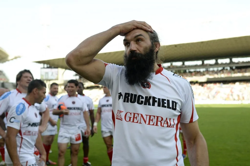 French rugby players Sebastien Chabal looks on as he celebrates the end of his career during a jubilee at the Gerland stadium in Lyon, central eastern France on July 4, 2015. AFP PHOTO / ROMAIN LAFABREGUE (Photo by ROMAIN LAFABREGUE / AFP)
