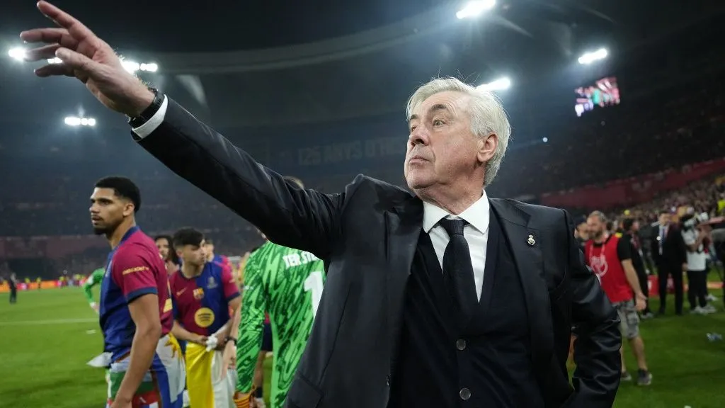 Carlo Ancelotti head coach of Real Madrid  after the Copa del Rey Final match between FC Barcelona and Real Madrid at Estadio de La Cartuja on April 26, 2025 in Seville, Spain. (Photo by Jose Breton/Pics Action/NurPhoto) (Photo by Jose Breton / NurPhoto / NurPhoto via AFP)