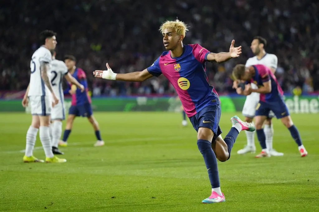 Lamine Yamal right winger of Barcelona and Spain celebrates after scoring his sides first goal during the UEFA Champions League 2024/25 Semi Final First Leg match between FC Barcelona and FC Internazionale Milano at Estadi Olimpic Lluis Companys on April 30, 2025 in Barcelona, Spain. (Photo by Jose Breton/Pics Action/NurPhoto) (Photo by Jose Breton / NurPhoto / NurPhoto via AFP)