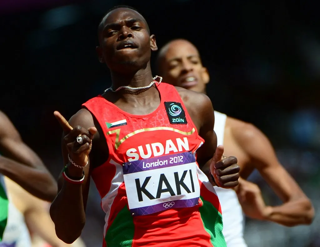 Sudan's Abubaker Kaki reacts after competing in the men's 800m heats at the athletics event of the London 2012 Olympic Games on August 6, 2012 in London. AFP PHOTO / OLIVIER MORIN (Photo by OLIVIER MORIN / AFP)