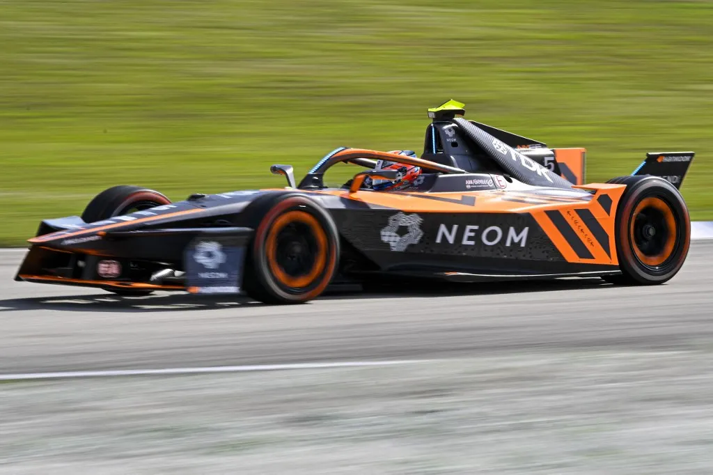 HOMESTEAD, FLORIDA - APRIL 11: Taylor Barnard (5) of Team Neon Mclaren Formula E Team,drives during practice ahead of the Miami E-Prix, Round 5 of the 2025 FIA Formula E World Championship at Homestead-Miami Speedway on April 11, 2025 in Homestead, Florida. Miguel J. Rodriguez Carrillo / Anadolu (Photo by Miguel J. Rodriguez Carrillo / ANADOLU / Anadolu via AFP)