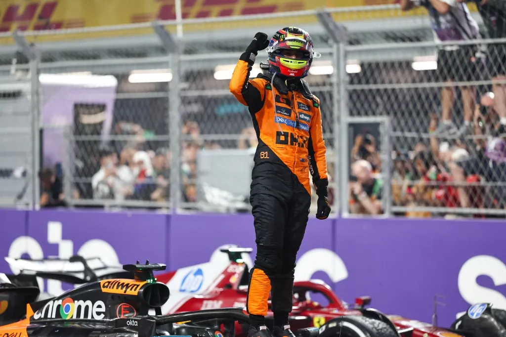 Oscar Piastri of Australia and the McLaren F1 Team celebrates his win after the F1 Grand Prix of Saudi Arabia at Jeddah Corniche Circuit in Jeddah, Saudi Arabia, on April 20, 2025. (Photo by Qian Jun/Paddocker) (Photo by Paddocker/NurPhoto) (Photo by Paddocker / NurPhoto / NurPhoto via AFP)