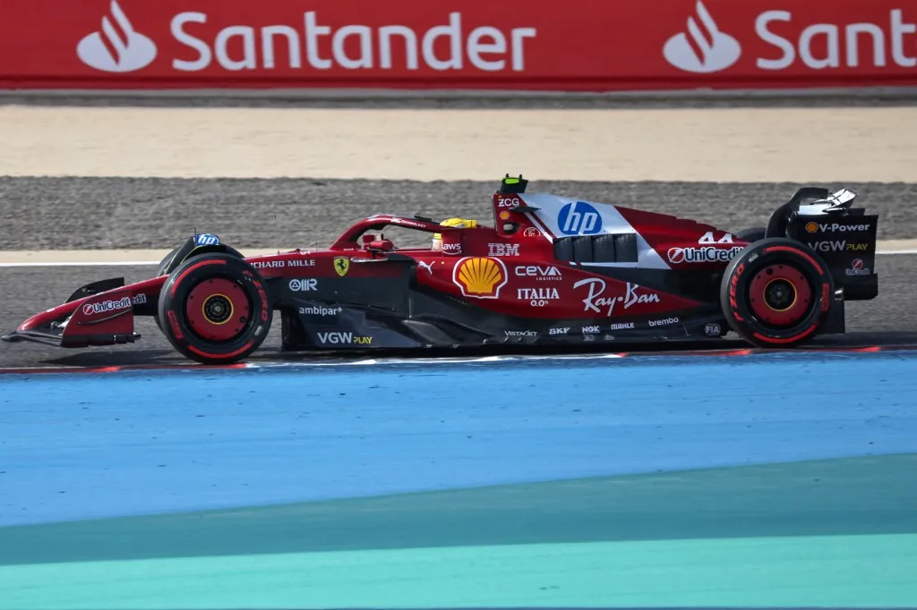 Ferrari's British driver Lewis Hamilton drives during the third practice session ahead of the Bahrain Formula One Grand Prix at the Bahrain International Circuit in Sakhir on April 12, 2025. (Photo by Fadel SENNA / AFP)