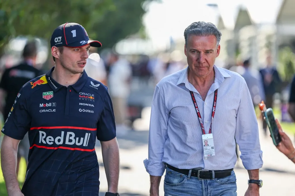 Max Verstappen of the Netherlands and Oracle Red Bull Racing and his manager Raymond Vermeulen are present during previews ahead of the F1 Grand Prix of Australia at Albert Park Circuit in Melbourne, Australia, on March 13, 2025. (Photo by Qian Jun/Paddocker/NurPhoto) (Photo by Paddocker / NurPhoto / NurPhoto via AFP)