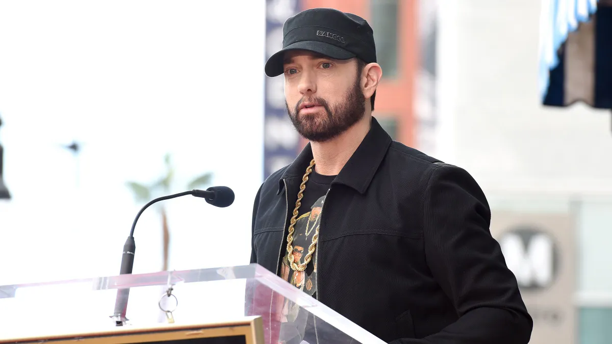 HOLLYWOOD, CALIFORNIA - JANUARY 30: Eminem speaks during the 50 Cent Walk Of Fame Ceremony on January 30, 2020 in Hollywood, California. (Photo by Presley Ann/Getty Images for STARZ)