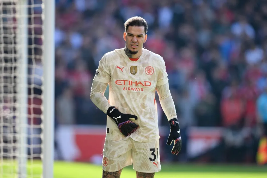 Ederson of Manchester City participates in the Premier League match between Nottingham Forest and Manchester City at the City Ground in Nottingham, England, on March 8, 2025. (Photo by MI News/NurPhoto) (Photo by MI News / NurPhoto / NurPhoto via AFP)