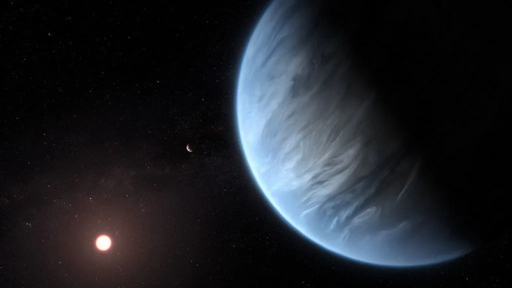 exobolygó (FILES) A handout artist's impression released on September 11, 2019, by ESA/Hubble shows the K2-18b super-Earth, the only super-Earth exoplanet known to host both water and temperatures that could support life. Astronomers announced on April 17, 2025 they have detected the most promising "hints" yet of potential life on a planet beyond our solar system, though other scientists expressed scepticism. There has been vigorous debate in scientific circles about whether the planet K2-18b, which is 124 light years away in the Leo constellation, could be an ocean world capable of hosting microbial life. (Photo by M. KORNMESSER / ESA/Hubble / AFP) / RESTRICTED TO EDITORIAL USE - MANDATORY CREDIT "AFP PHOTO /ESA/HUBBLE/M.KORNMESSER " - NO MARKETING - NO ADVERTISING CAMPAIGNS - DISTRIBUTED AS A SERVICE TO CLIENTS