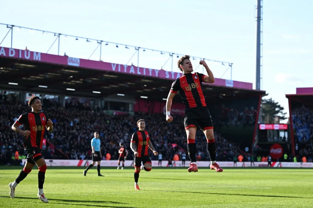 Bournemouth's Hungarian defender #03 Kerkez Milos celebrates but after a VAR (Video Assistant Referee) review the goal is disallowed for offside during the English FA Cup fifth round football match between AFC Bournemouth and Wolverhampton Wanderers at the Vitality Stadium in London on March 1, 2025. (Photo by JUSTIN TALLIS / AFP) / RESTRICTED TO EDITORIAL USE. No use with unauthorized audio, video, data, fixture lists, club/league logos or 'live' services. Online in-match use limited to 120 images. An additional 40 images may be used in extra time. No video emulation. Social media in-match use limited to 120 images. An additional 40 images may be used in extra time. No use in betting publications, games or single club/league/player publications. / 
