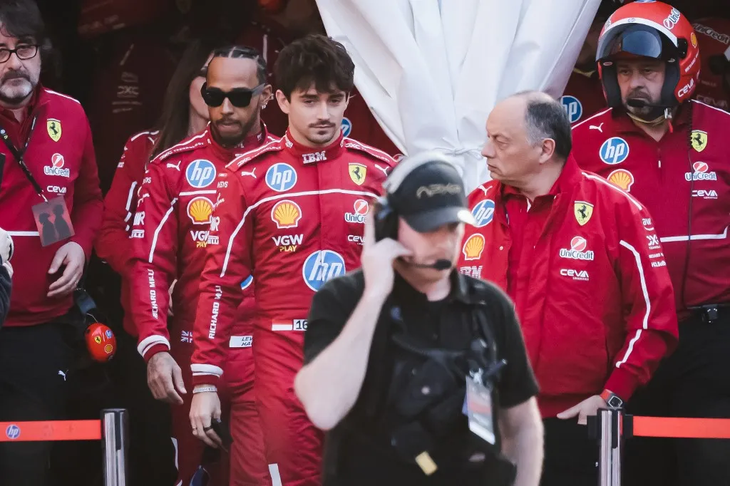 Lewis Hamilton, Charles Leclerc, and Frederic Vasseur attend the Scuderia Ferrari HP Drivers' Presentation by UniCredit event with a street demo in the city circuit through the streets of the city center in Milan, Italy, on March 6, 2025 (Photo by Alessandro Bremec/NurPhoto). (Photo by Alessandro Bremec / NurPhoto / NurPhoto via AFP)