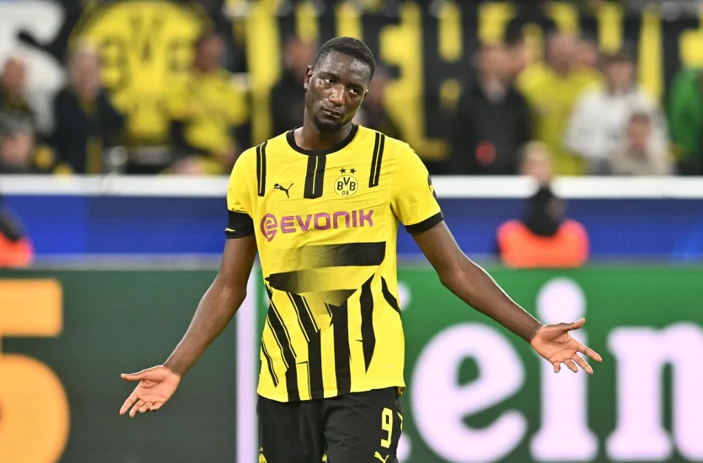 15 April 2025, North Rhine-Westphalia, Dortmund: Soccer: Champions League, Borussia Dortmund - FC Barcelona, knockout round, quarter-finals, second leg, Signal Iduna Park. Dortmund's Serhou Guirassy reacts during the match. Photo: Bernd Thissen/dpa (Photo by BERND THISSEN / DPA / dpa Picture-Alliance via AFP)