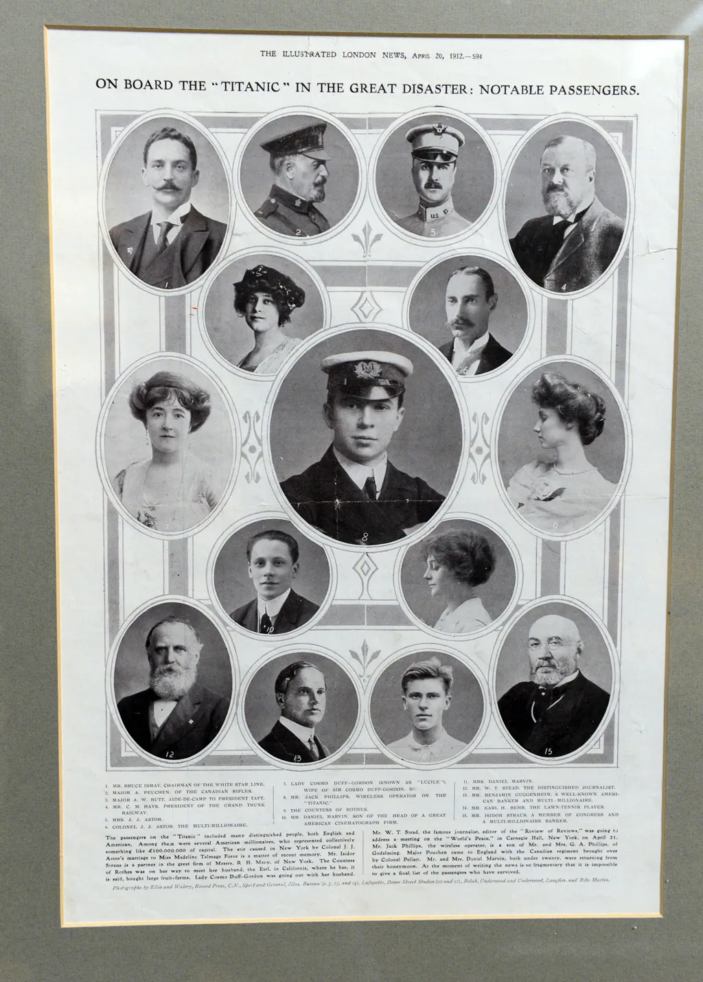A newspaper page form the"Illustrated London News" displaying notable passengers aboard the Titanic, is on display at Bonhams auction house in New York, April 12, 2012.  Bonhams is scheduled to hold on April 15, 2012 an auction called "R.M.S. Titanic: 100