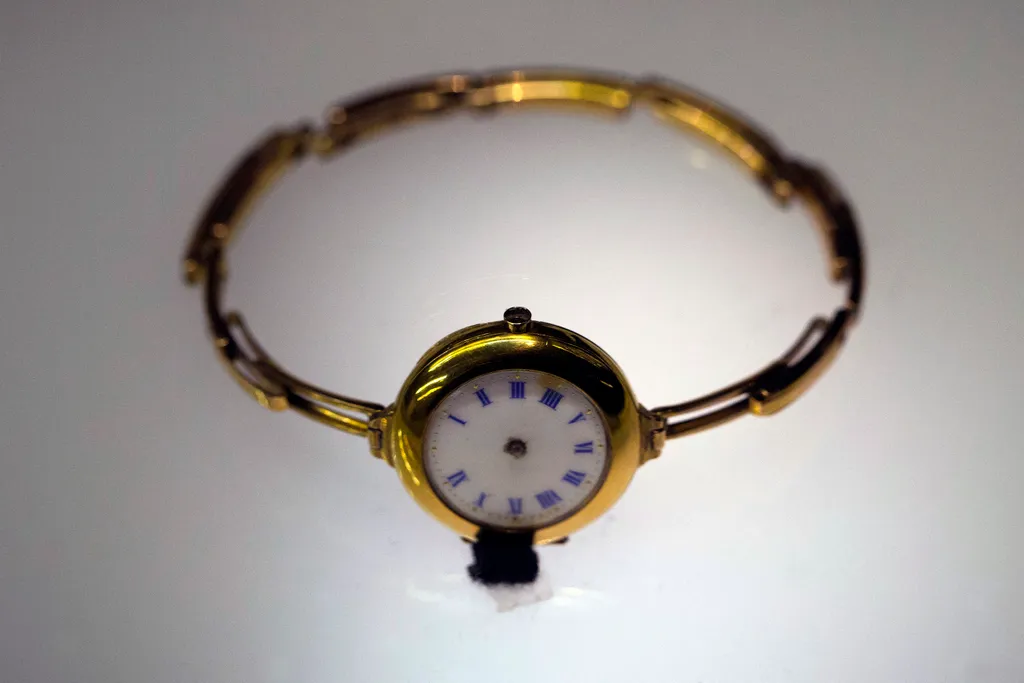 A view of a Swiss watch found near the sunken Titanic ship, on display as part of a new exhibition at the 'Paris Expo', on May 31, 2013, in Paris. Over a century after the sinking of the famous ship, a Titanic exhibition in Paris will open to public from 