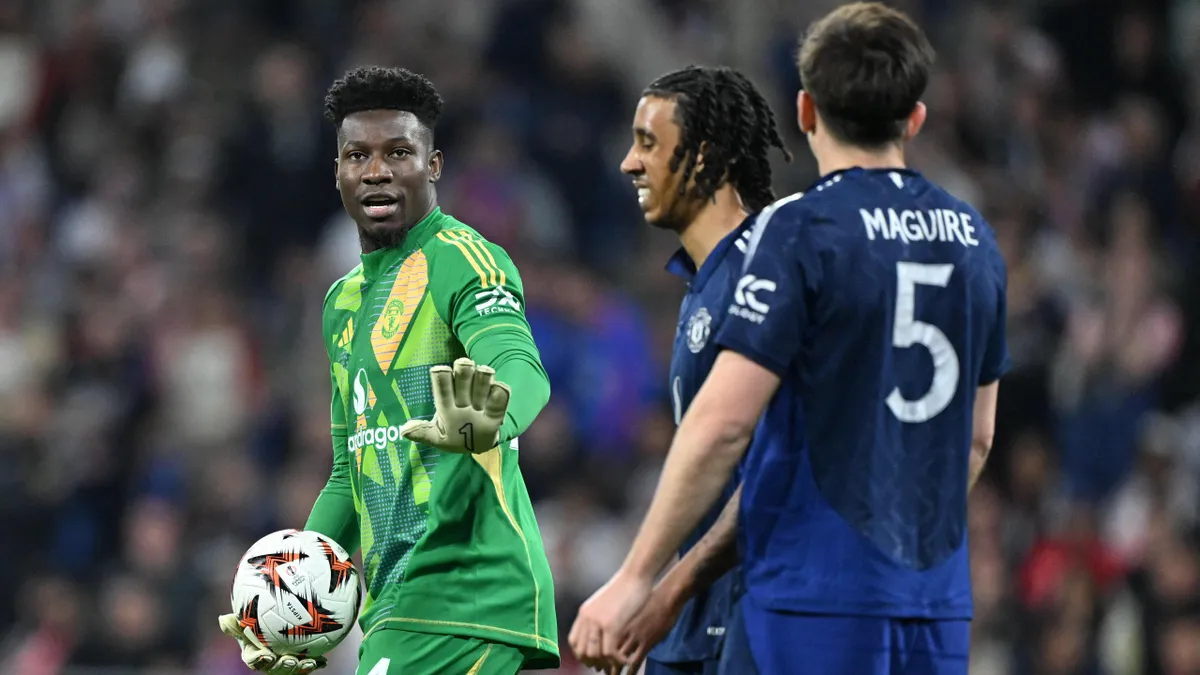 LYON, FRANCE - APRIL 10: Goalkeeper Andre Onana of Manchester in action during the UEFA Europa League 2024/25 Quarter Final First Leg match between Olympique Lyonnais and Manchester United held at OL Stadium on April 10, 2025 in Decines-Charpieu, France. Mustafa Yalcin / Anadolu (Photo by MUSTAFA YALCIN / ANADOLU / Anadolu via AFP)